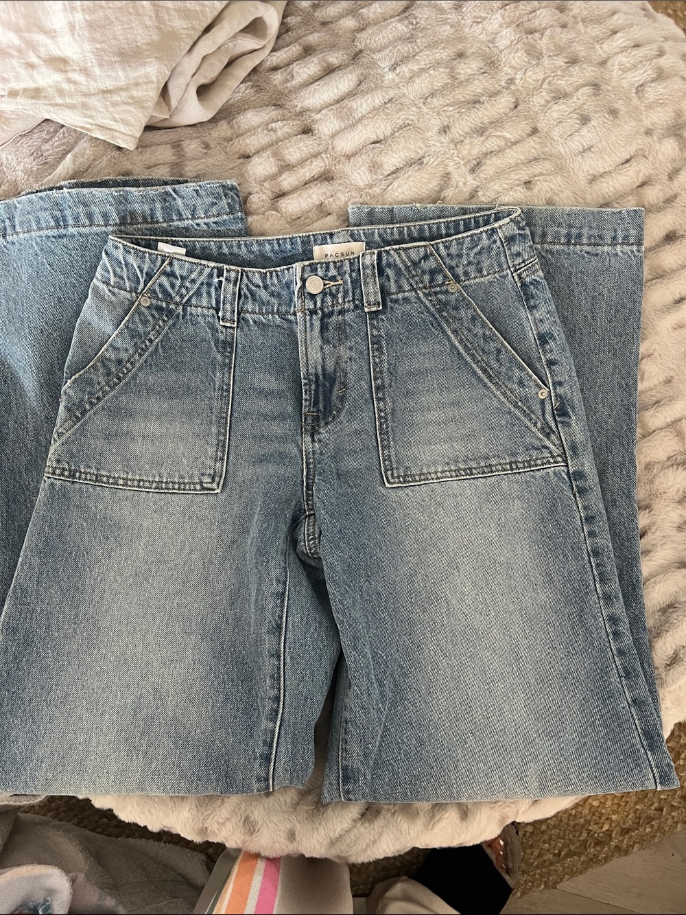 PacSun Light Blue Boyfriend Jeans with Front Patch Pockets Casey Liw rise Baggy